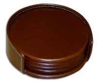 A3245: Rustic Brown Leather 4 Coaster Set w/ Holder