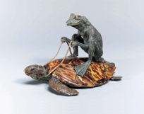 Finely Cast Verdigris Patina Brass and Faux Tortoise Shell Frog Riding a Turtle
