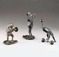 Set of Three Verdigris Bronze Patina Weightlifting Frogs