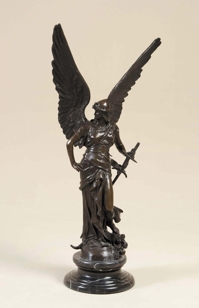 Antique Patina Bronze Angelic Warrior, Black Marble Base