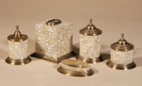 Set of Five Mother of Pearl Inlay Bathroom Accessories, Brass Accents