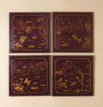 Set of Four Hand Painted Red and Gold Chinoiserie Coromandel Wall Panels