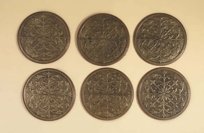 Set of Six Hammered Antique Patina Brass and Lacquered Wall Panels