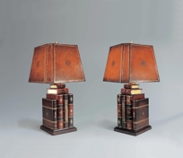 Pair of Multicolored Leather Faux Book Lamps, Sienna Leather Shades