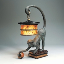 Verdigris Bronze Patina Monkey Lamp, Leather Book Design Base, Penshell Shade