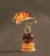 Verdigris Patina Brass Monkey and Penshell Banana Leaf Lamp, Leather and Penshell Base