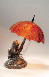 Verdigris Patina Brass Frog Lamp, Young Penshell Inlaid Umbrella Shade, Stone Base
