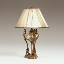 Lipshell Inlaid Neoclassic Urn Lamp on Tripod Base, Cast Antique Patina Brass Mounts
