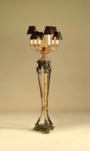 Montelupo Iron Candelabra Floor Lamp, Sherwood and Valencia Brass, Marble Base