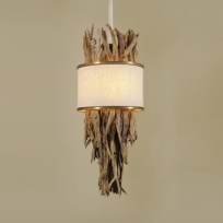 Natural Finished Driftwood Chandelier, Linen Shade, Antique Finished Brass Accents