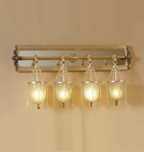 Silver Leaf Gilded Wooden Bathroom Vanity Light with Mirror, Crystal Accents