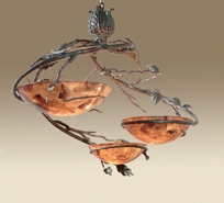 Verdigris Finished Steel and Patina Brass Chandelier, Penshell Inlay Bowls
