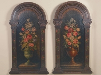 Pair of Hand Painted Crackle Coromandel Wall Panels, Floral Motif