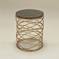 Gold Tone Finished Round Iron Occasional Table, Black Waxstone and Penshell Top