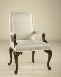 Charleston Mahogany Finished Armchair, Flax Linen Uph, Ribbon and Brass Tacks Accents