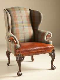 Relaxed Hunt Club Finished Wing Back Chair, Wool Plaid and Cognac Leather Upholstery