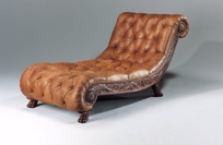 Regency Finished Mahogany Chaise Lounge, Tufted New Delhi Leather Upholstery
