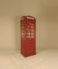 Painted Antique Red Finished Bar Cabinet, Telephone Booth Motif, Glass Panels