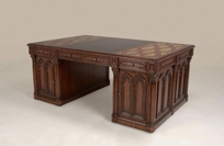 Umber Brown Finished Gothic Partners' Desk, Black Angus Leather, Yellow Marble Top