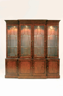 Mahogany Breakfront Lighted China Cabinet, Glass Shelves Light Antique Brass Mounts