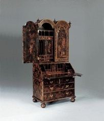 Hand Painted Tortoise Finished Queen Anne Secretary, Raised Chinoiserie Decoration
