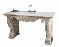 Hand Carved Bathroom Vanity in Solid White Marble with Grey Veining