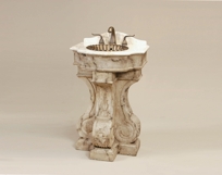 Cast Stone Bathroom Vanity with Romblon Marble Top, Brass Sink and Fixtures