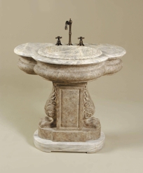 Light Grey Cast Stone and White Marble Pedestal Vanity, Antique Brass Fixtures