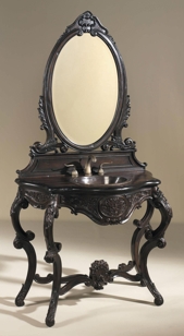 Hand Carved Antique Mahogany Finished Bathroom Vanity, Dark Bronze Brass Sink