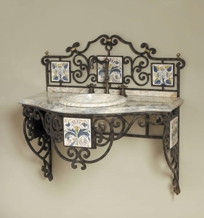 Black Iron Finished Bathroom Vanity, White Marble Top, Hand Painted Inset Tiles