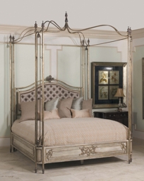 Antique Silver Metal Leaf and White Finished Iron King Bed, Reversible Headboard