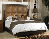 Walnut Tone Finished Rattan and Crushed Bamboo King Bed, New Delhi Leather Headboard