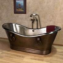 72" Sawyer Bateau Hammered Copper Double Slipper Air Bath Tub with Rings and Nickel Interior