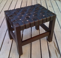 Handcrafted Woven Leather and Wood Ottoman Footstool