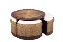 7-2577 RATTAN COFFEE TABLE W/STOOLS
