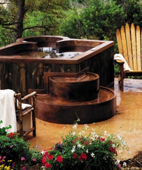 COPPER SPA WITH PRIVATE THERAPY SEAT, BENCH SEATING,  COOL DOWN AREA, EXTERIOR STAIRWAY AND RECYCLED BARN BOARD SKIRTING